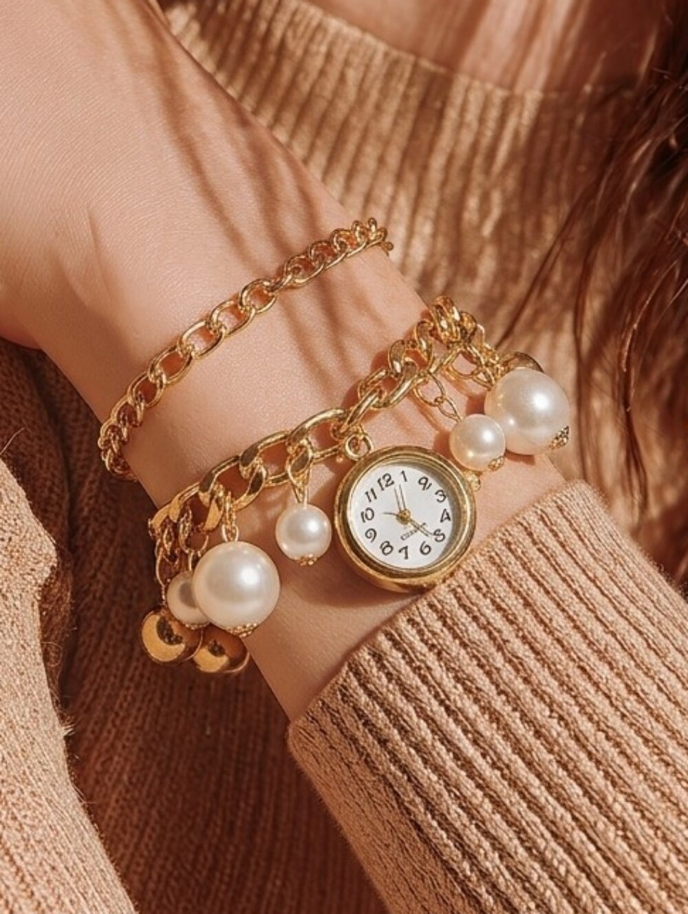 Gold Charm Bracelet Watch Faux Pearl Layered Chain Vintage Inspired Old Money